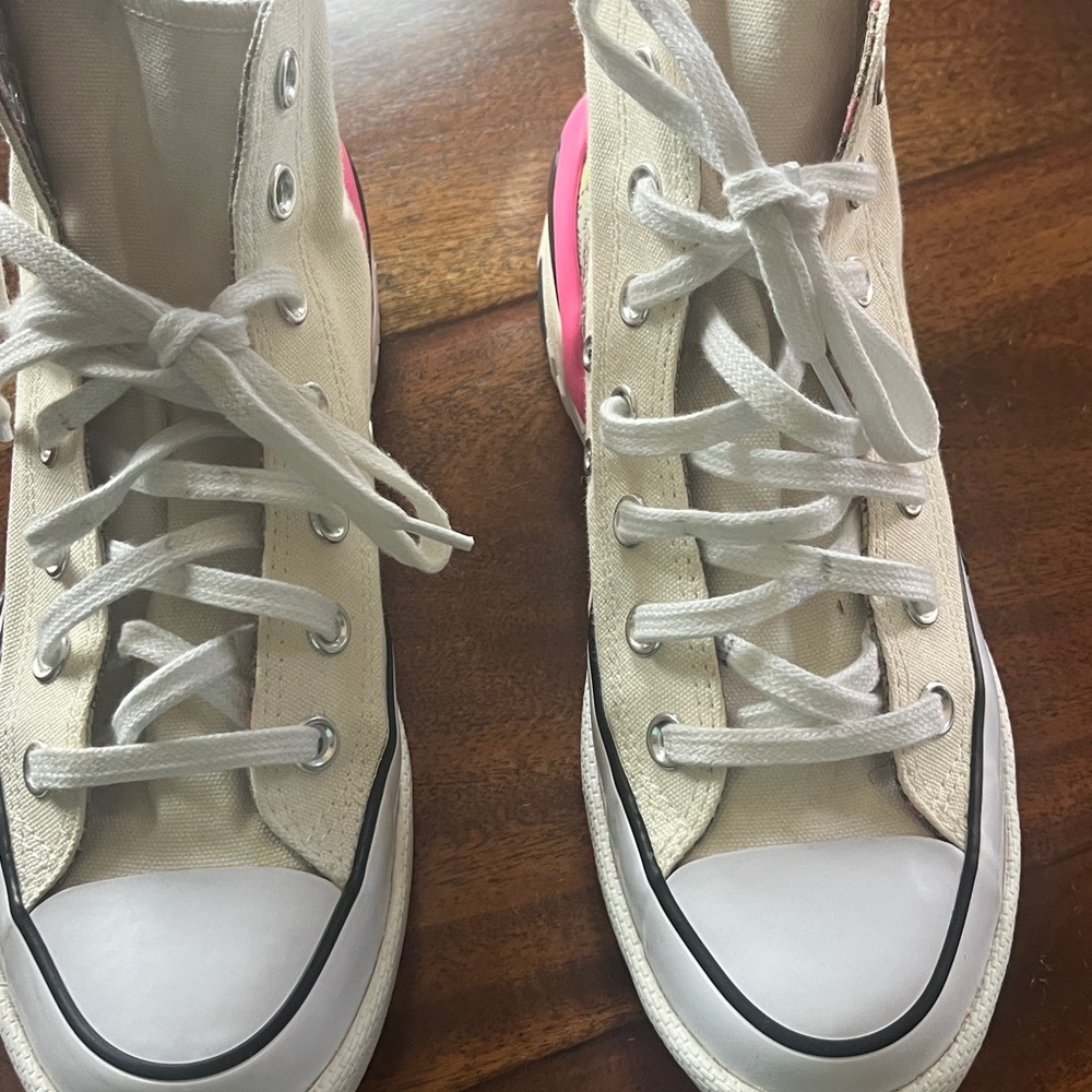 Converse Women's Lace-Up High Top Sneakers in White with Pink Accent